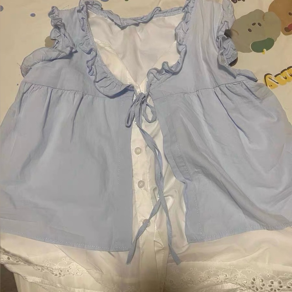 Light Blue Ruffled Women's Top - Picture 2 of 3